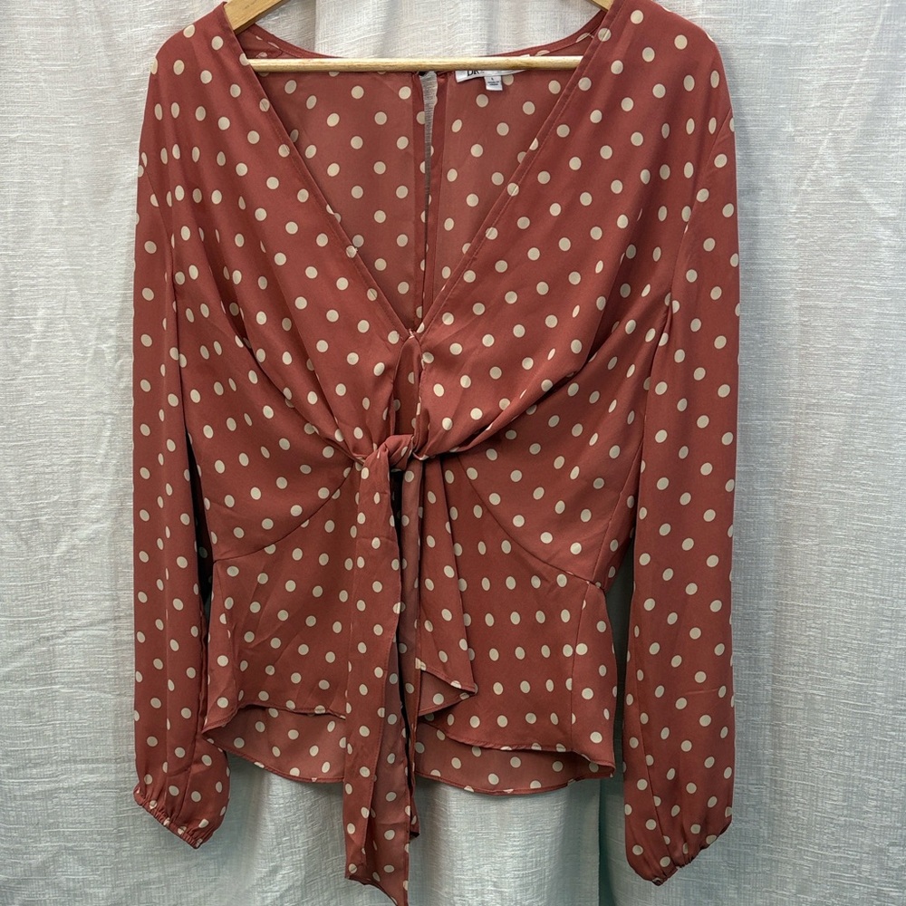 DR2 Rose Pink Polka Dot Tie-Front Blouse Size Large